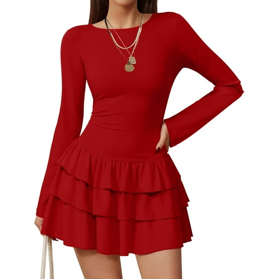 Women's Long Sleeve Bodycon Dress, Solid Color Crew Neck Mini or Midi Dress, Versatile Basic for Layering, Work, and Casual Outfits. Red S