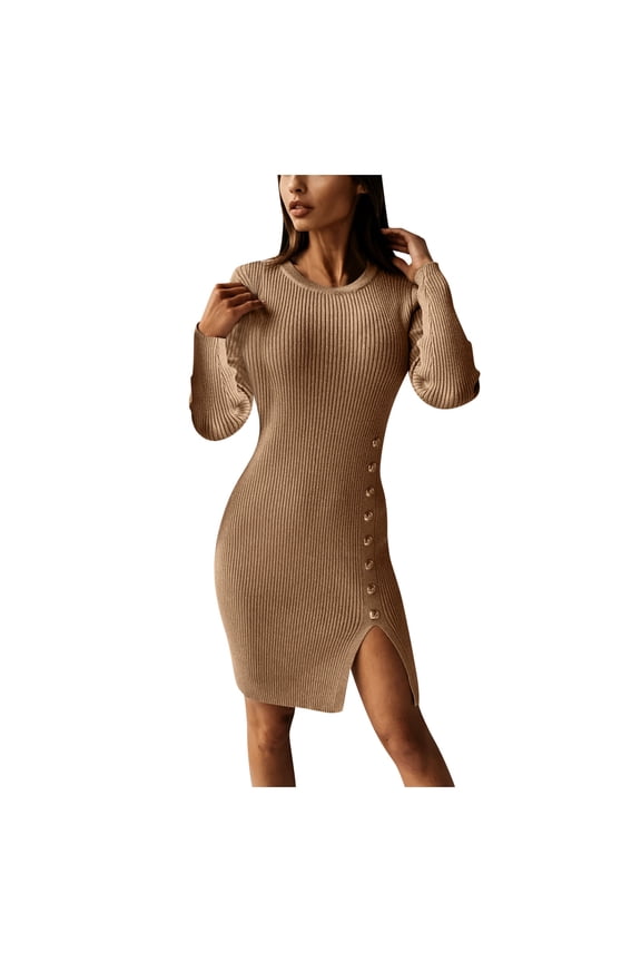 Women's Long Sleeve Bodycon Ribbed Knit Dress Slim Fit Crew Neck Button Slit Pullover Dresses