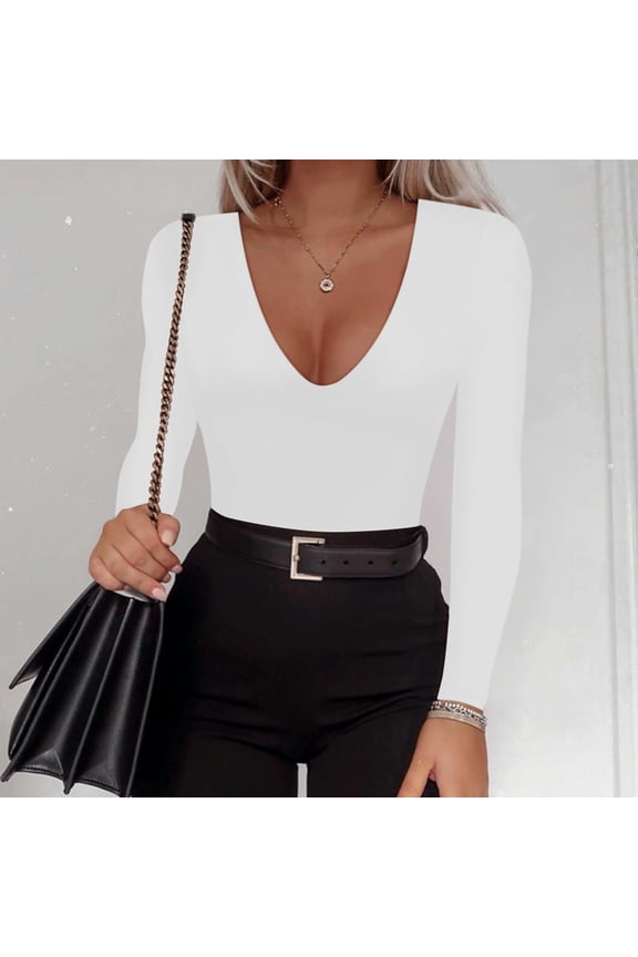 Women's Long Sleeve Bodysuit: Sexy Deep V Neck Double Lined Thong Body Suit Tops For Going Out Turtle Pad under Garment Thigh Girdles for Women Shape Ware Womens Compression Tops Control Top Panties