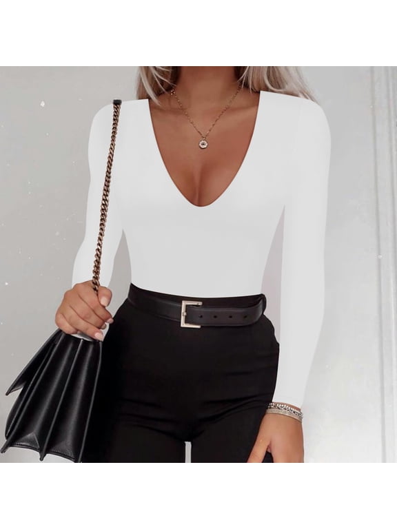 Women's Long Sleeve Bodysuit: Sexy Deep V Neck Double Lined Thong Body Suit Tops For Going Out Turtle Pad under Garment Thigh Girdles for Women Shape Ware Womens Compression Tops Control Top Panties