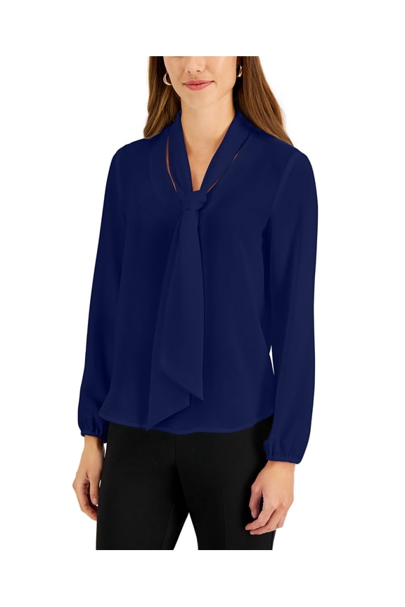 Women's Long Sleeve Bow Blouse, Regular and Petite Sizes Kasper Navy PS