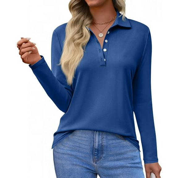 Women's Long Sleeve Business Casual Tops Collared V Neck Work Blouse 2026 Fall Button Fitted Polo Shirts Blue L