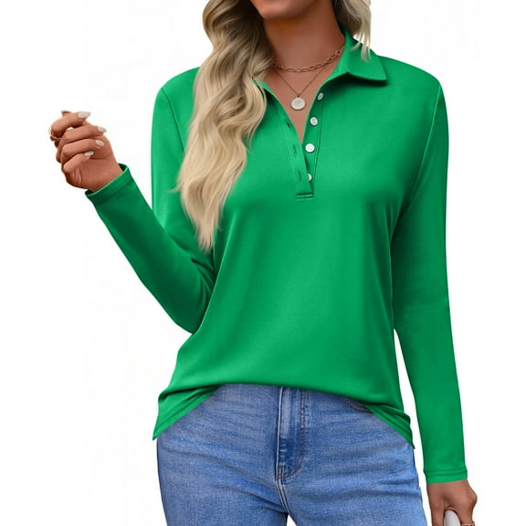 Women's Long Sleeve Business Casual Tops Collared V Neck Work Blouse 2026 Fall Button Fitted Polo Shirts Green L