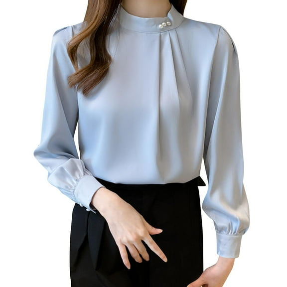 Women's Long Sleeve Business Tops Dressy Casual Mock Neck Work Blouse Fall Trendy Front Pleated Tunic Chiffon Shirt