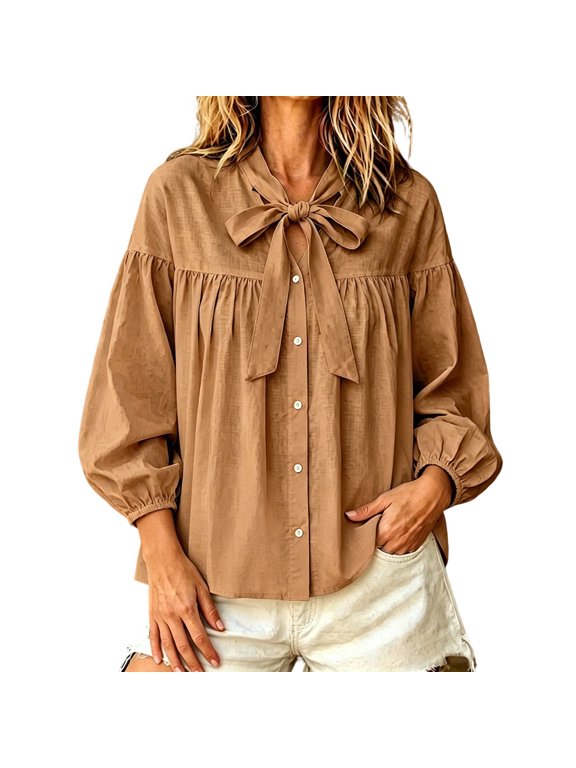 Women's Long Sleeve Button Blouses Tie Neck Elastic Cuff Pleated Oversized Lightweight Flowy Casual Tops for Travel Khaki XL