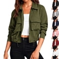 thumbnail image 1 of Women's Long Sleeve Button Down Cropped Bomber Jacket Lightweight Shacket Collared Drawstring Hem Fall Outerwear Y2K Fashion Streetwear, Army Green, L, 1 of 10