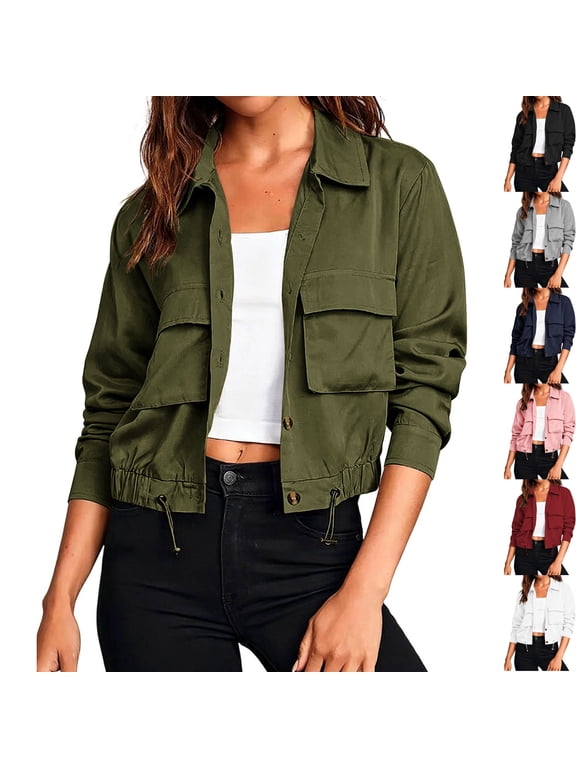 Women's Long Sleeve Button Down Cropped Bomber Jacket Lightweight Shacket Collared Drawstring Hem Fall Outerwear Y2K Fashion Streetwear, Army Green, L