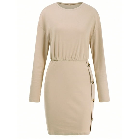 Women's Long Sleeve Button-Detail Bodycon Dress with Side Wrap Design- Small, Tan