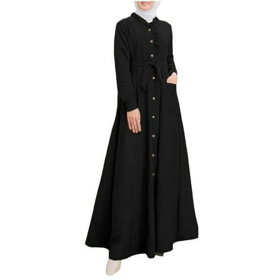 Women's Long Sleeve Button Down Abaya Casual Dress Dubai Outfits