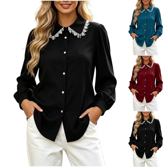 Women's Long Sleeve Button Down Blouses Rhinestone Decor Work Tops Black XL(XL)