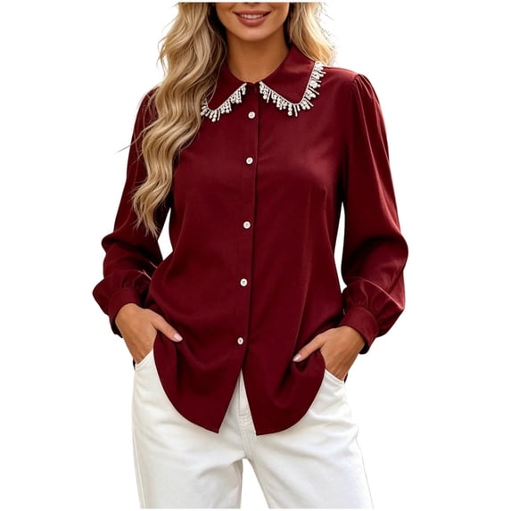 Women's Long Sleeve Button Down Blouses Rhinestone Decor Work Tops Wine XL(XL)