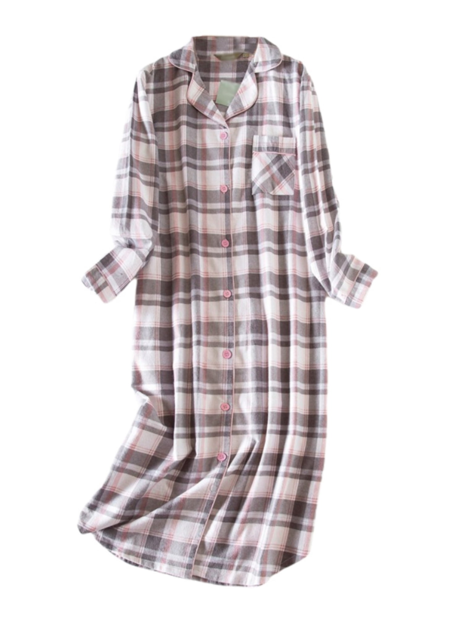 Women's Long Sleeve Button Down Buffalo Plaid Sleepshirt,Knee