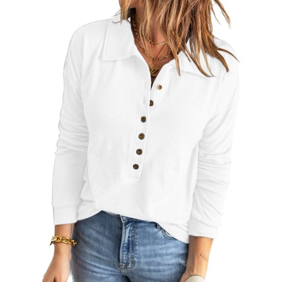 Women's Long Sleeve Button Down Collared Shirts Fall Knit Tops Business Causal Loose Blouses