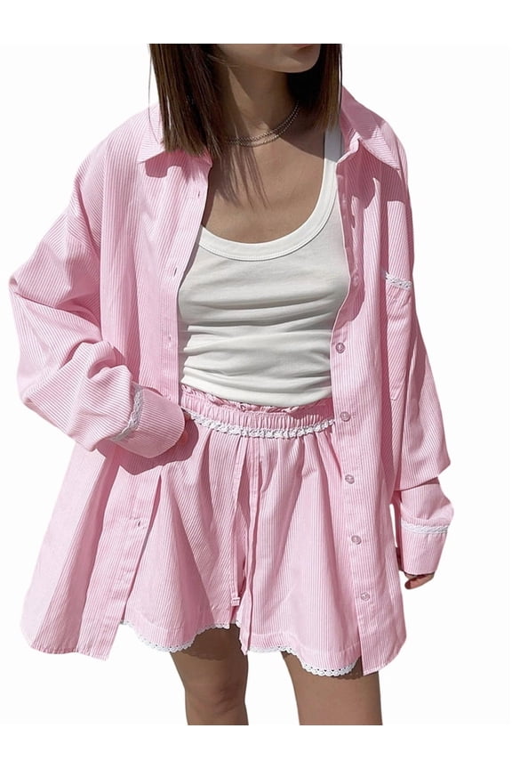 Women's Long Sleeve Button Down Cotton Sets Shirts Short 2 Piece Set Shirt Outfit for Summer Vacation Pink M