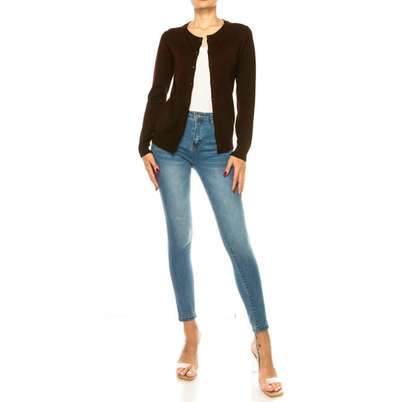 Women's Long Sleeve Button Down Crewneck Sweater Knit Cardigan