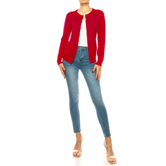 Women's Long Sleeve Button Down Crewneck Sweater Knit Cardigan