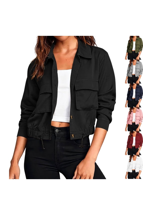 Women's Long Sleeve Button Down Cropped Bomber Jacket Lightweight Shacket Collared Drawstring Hem Fall Outerwear Y2K Fashion Streetwear, Black, S
