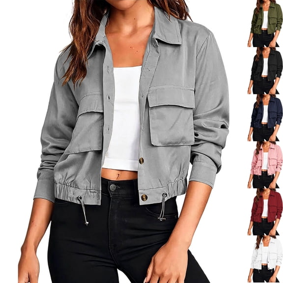 Women's Long Sleeve Button Down Cropped Bomber Jacket Lightweight Shacket Collared Drawstring Hem Fall Outerwear Y2K Fashion Streetwear, Gray, XXL