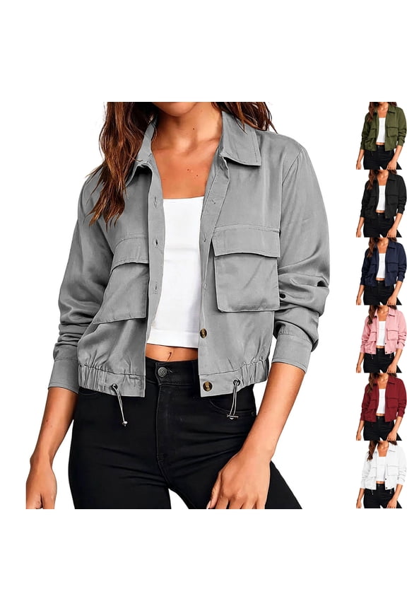 Women's Long Sleeve Button Down Cropped Bomber Jacket Lightweight Shacket Collared Drawstring Hem Fall Outerwear Y2K Fashion Streetwear, Gray, XXL