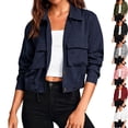 thumbnail image 1 of Women's Long Sleeve Button Down Cropped Bomber Jacket Lightweight Shacket Collared Drawstring Hem Fall Outerwear Y2K Fashion Streetwear, Navy, M, 1 of 10