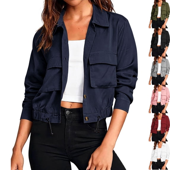 Women's Long Sleeve Button Down Cropped Bomber Jacket Lightweight Shacket Collared Drawstring Hem Fall Outerwear Y2K Fashion Streetwear, Navy, M