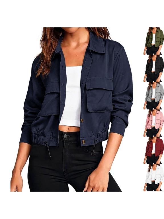 Women's Long Sleeve Button Down Cropped Bomber Jacket Lightweight Shacket Collared Drawstring Hem Fall Outerwear Y2K Fashion Streetwear, Navy, M