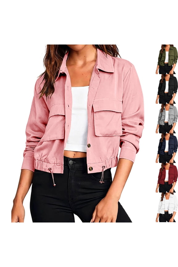 Women's Long Sleeve Button Down Cropped Bomber Jacket Lightweight Shacket Collared Drawstring Hem Fall Outerwear Y2K Fashion Streetwear, Pink, S
