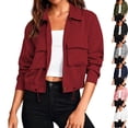 thumbnail image 1 of Women's Long Sleeve Button Down Cropped Bomber Jacket Lightweight Shacket Collared Drawstring Hem Fall Outerwear Y2K Fashion Streetwear, Wine, XL, 1 of 10