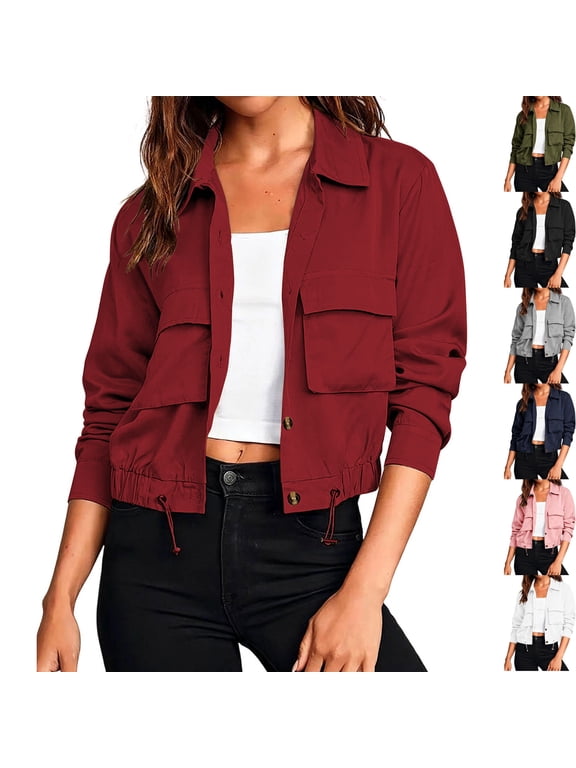 Women's Long Sleeve Button Down Cropped Bomber Jacket Lightweight Shacket Collared Drawstring Hem Fall Outerwear Y2K Fashion Streetwear, Wine, XL