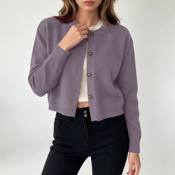 Women's Long Sleeve Button Down Cropped Knit Cardigan,Casual Short Sweater Jacket
