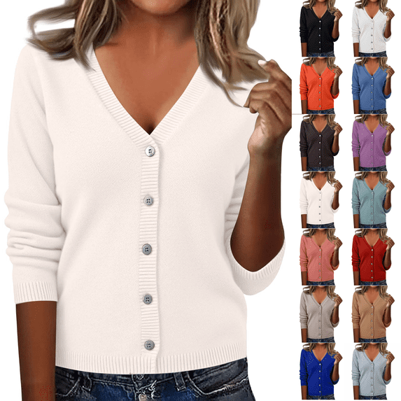 Women's Long Sleeve Button Down Cropped V-Neck Knit Cardigan Sweater Classic Elegant Shrugs for Women Autumn Spring Beige S