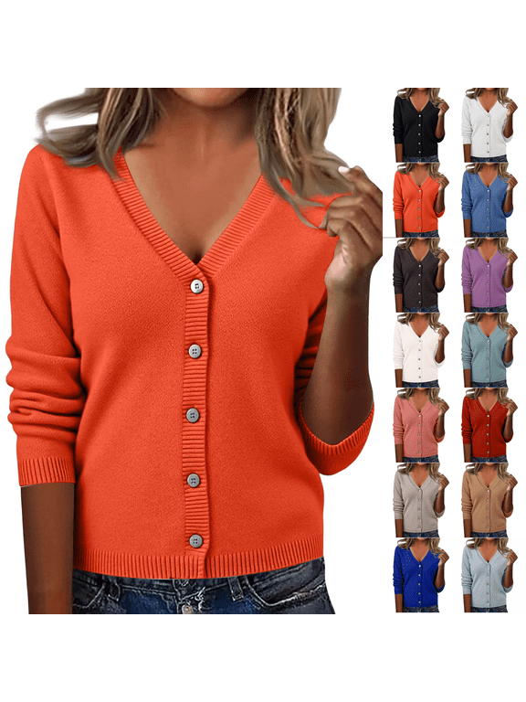 Women's Long Sleeve Button Down Cropped V-Neck Knit Cardigan Sweater Classic Elegant Shrugs for Women Autumn Spring Saffron 2XL