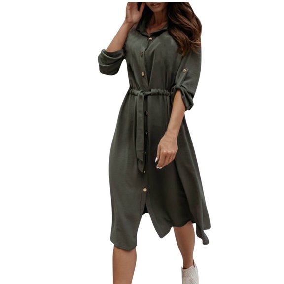 ZQUUVOU Women's Long Sleeve Button Down Dress Casual Loose Tie Waist Adjustable Sleeve Length Midi Dresses Olive Green