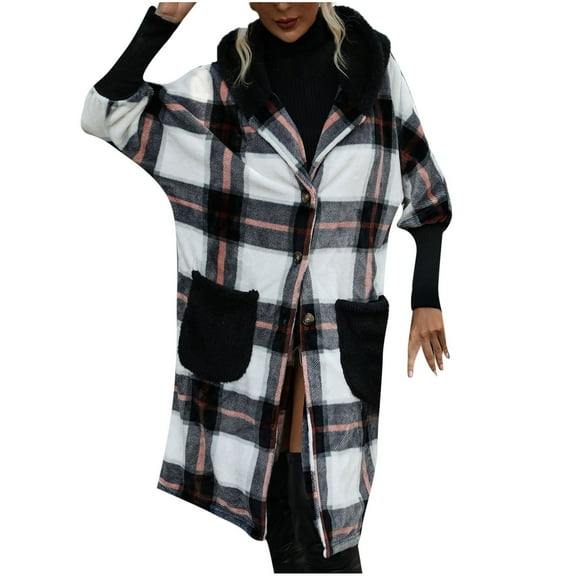 Women's Long Sleeve Button Down Fleece Fuzzy Hooded Coat Jacket Winter Warm Longline Outerwear for Women with Pockets