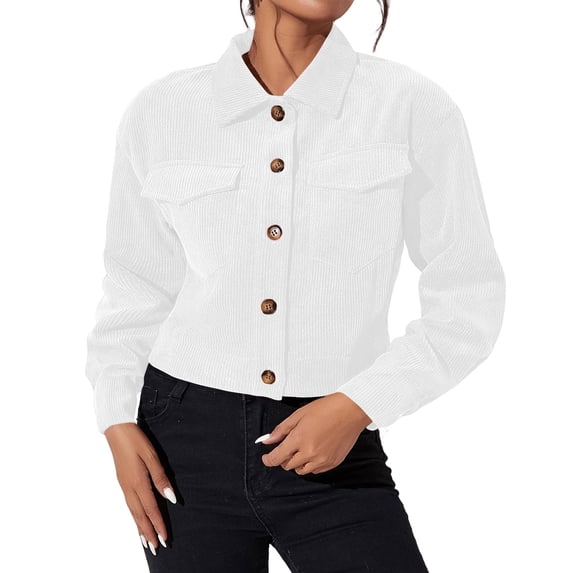 Women's Long Sleeve Button Down Jacket Solid Color Turndown Collar Casual Corduroy Outwear with Pockets S