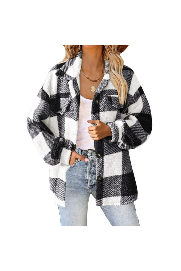 Women's Long Sleeve Button Down Jackets Plaid Flannel Shirts Tops Casual Lapel Oversized Shackets Blouses Top Black S