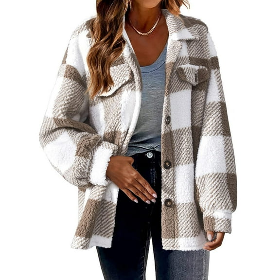 Women's Long Sleeve Button Down Jackets Plaid Flannel Shirts Tops Casual Lapel Oversized Shackets Blouses Top Khaki 2XL