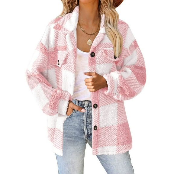 Women's Long Sleeve Button Down Jackets Plaid Flannel Shirts Tops Casual Lapel Oversized Shackets Blouses Top Pink L