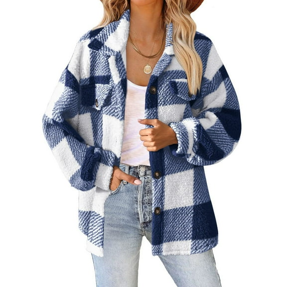 Women's Long Sleeve Button Down Jackets Plaid Flannel Shirts Tops Casual Lapel Oversized Shackets Blouses Top Royal Blue L