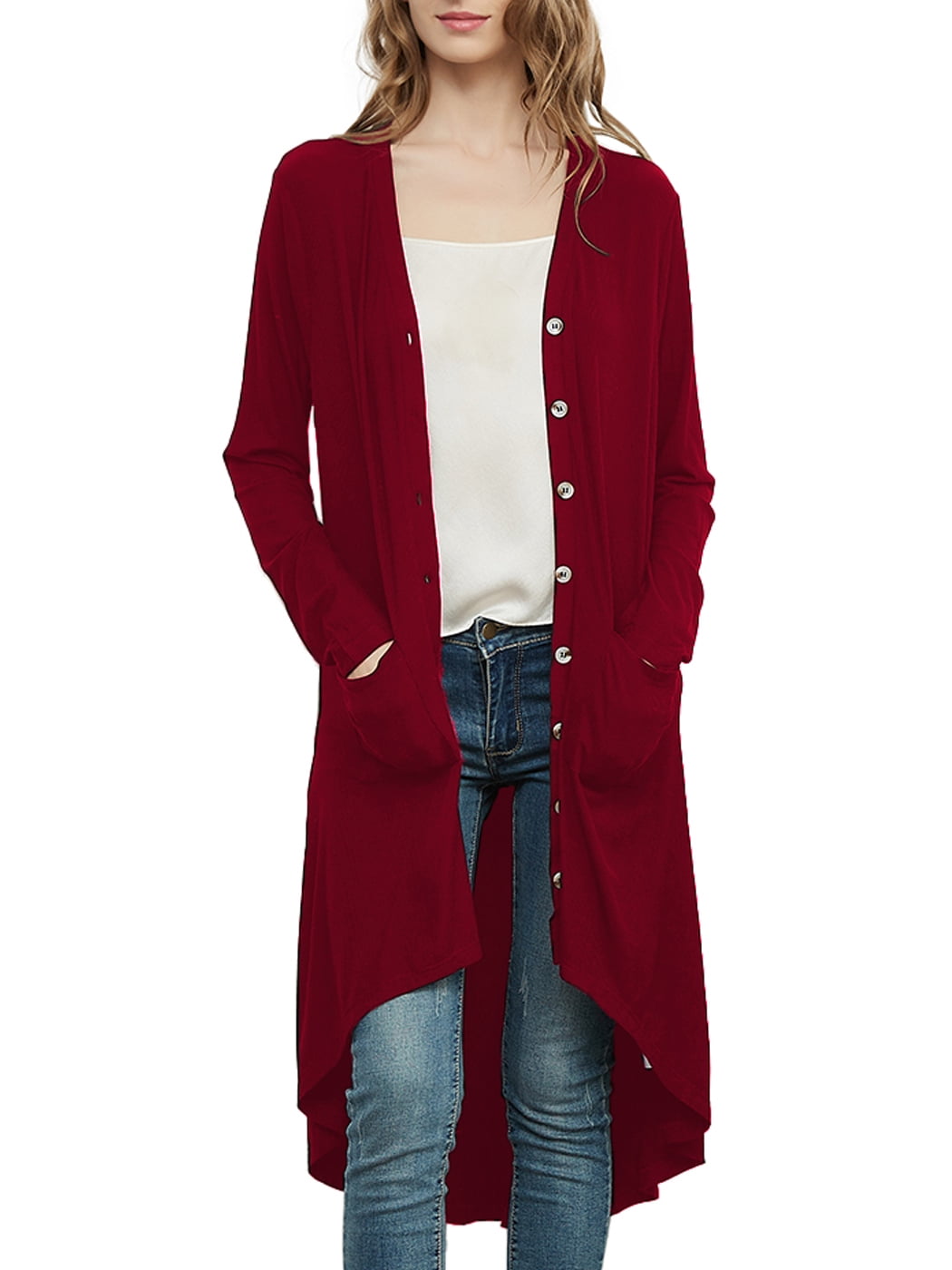 Women's Long Sleeve Button Down Knit Ribbed Sweater Duster
