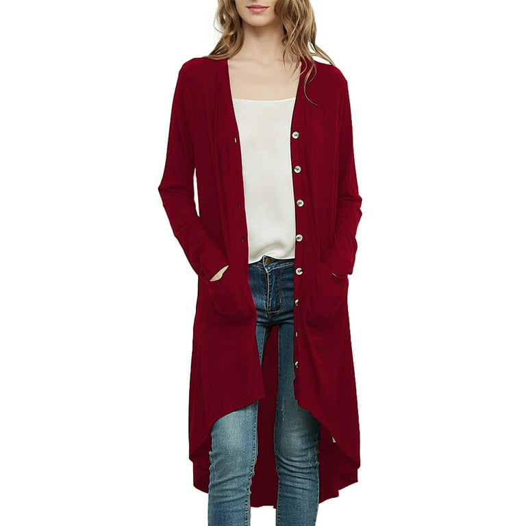Women's Long Sleeve Button Down Knit Ribbed Sweater Duster Cardigan with  Pockets 