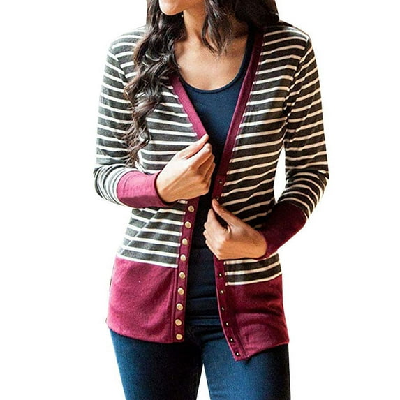 Women's Long Sleeve Button Down Knitted Stripe Cardigan