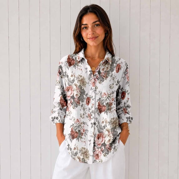 Women's Long Sleeve Button Down Shirt Casual Printed Blouse