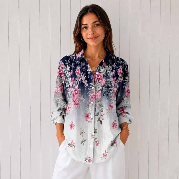 Women's Long Sleeve Button Down Shirt Casual Printed Blouse