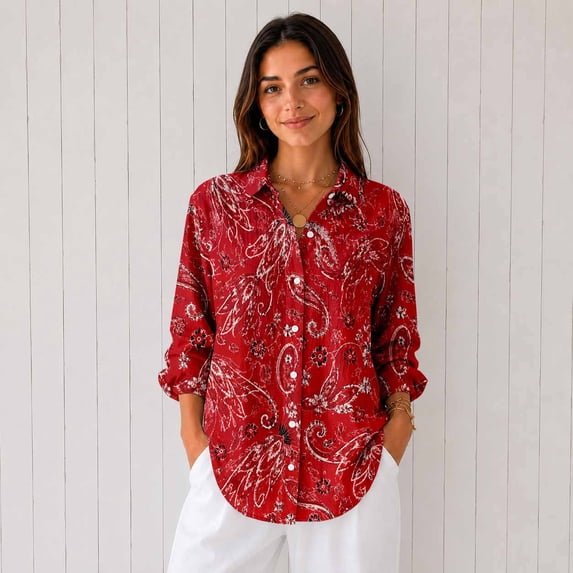 Women's Long Sleeve Button Down Shirt Casual Printed Blouse