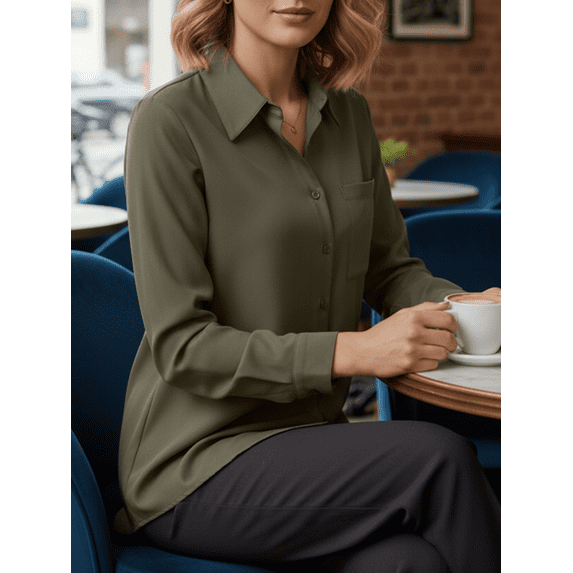 Women's Long Sleeve Button Down Shirt, Classic Collared Pocket Blouse, Loose Versatile Commute Top, Casual Office Women