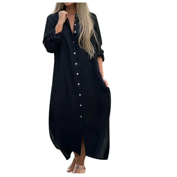 Women's Long Sleeve Button Down Shirt Dress Cotton Linen V Neck Loose Fit Casual Shirt Dresses with Pockets Black XL