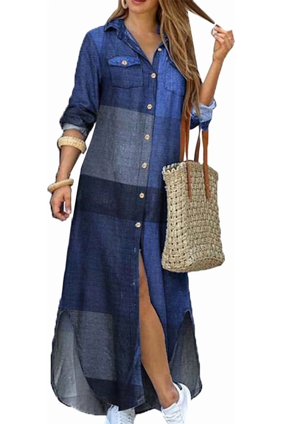 Women's Long Sleeve Button Down Shirt Dress Spring Casual Maxi Dresses Loose Fit Blouse Dress with Pockets