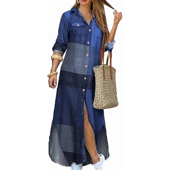 Women's Long Sleeve Button Down Shirt Dress Spring Casual Maxi Dresses Loose Fit Blouse Dress with Pockets