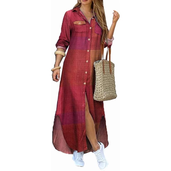 Women's Long Sleeve Button Down Shirt Dress Spring Casual Maxi Dresses Loose Fit Blouse Dress with Pockets